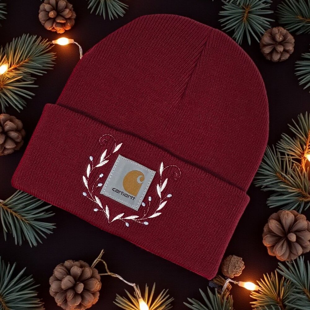 ❄️ Winter Embroidered Beanie – Frosted Leaf & Berry Design ❄️